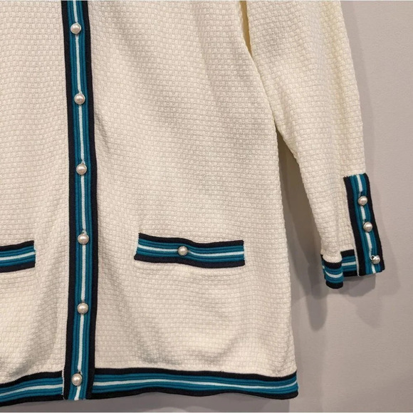 Talbots Beige Green Stripe Textured Tipped Cardigan Woman Small Pearl Button - Picture 3 of 9